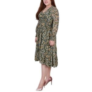 NY Collection Women's Green Floral‎ Print Long Sleeve Midi Dress XL